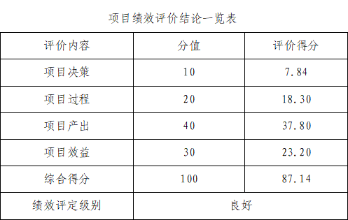 项目绩效评价结论一览表