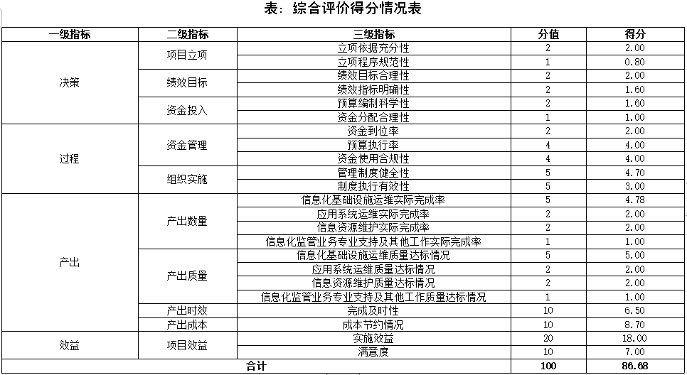 综合评价得分情况表