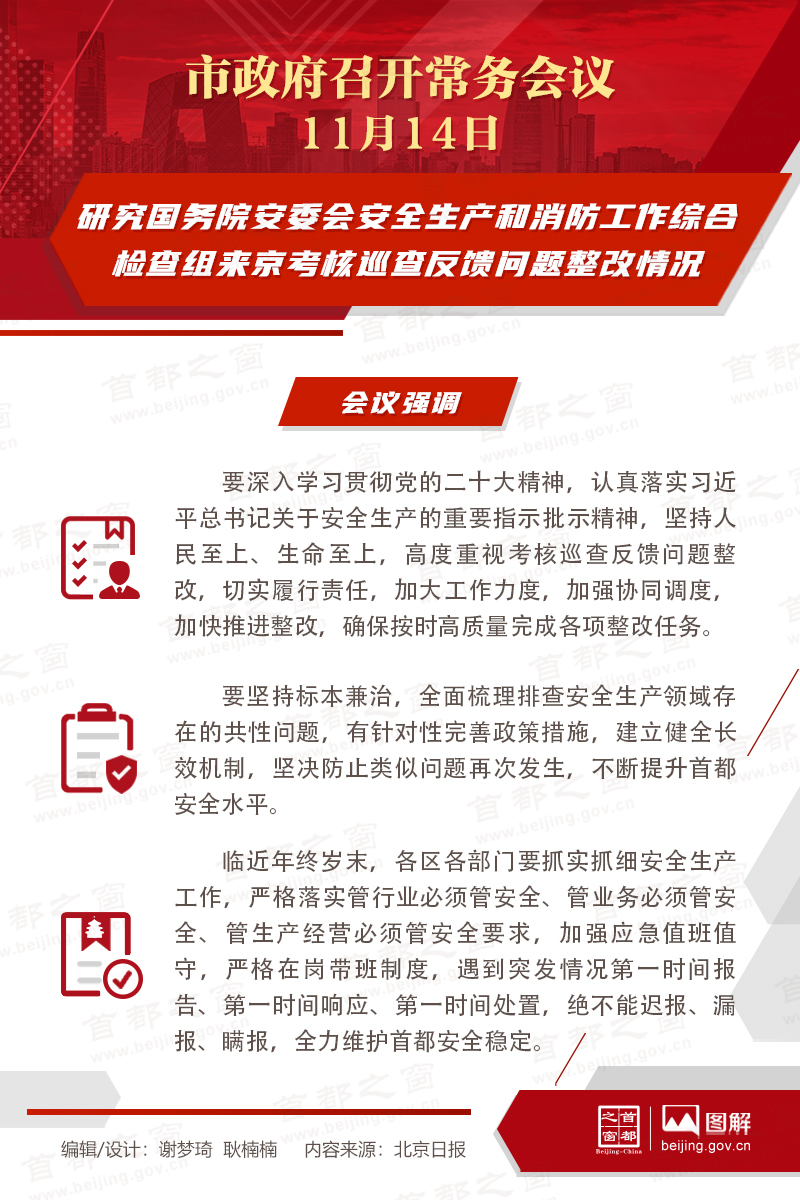 研究国务院安委会安全生产和消防工作综合检查组来京考核巡查反馈问题整改情况