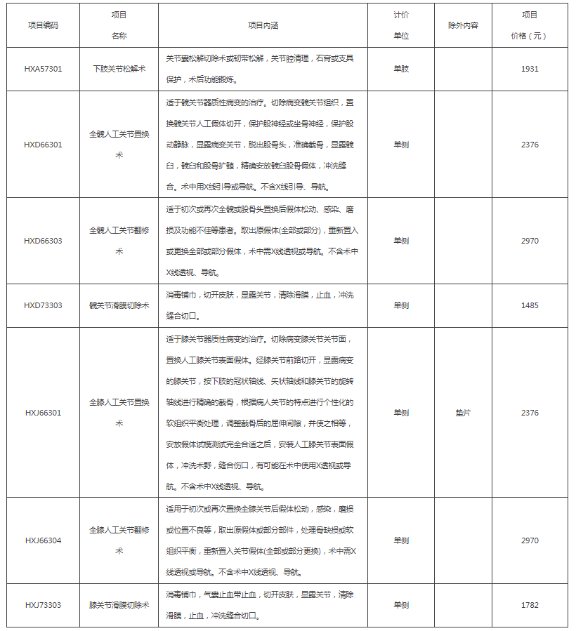 医疗服务价格项目表